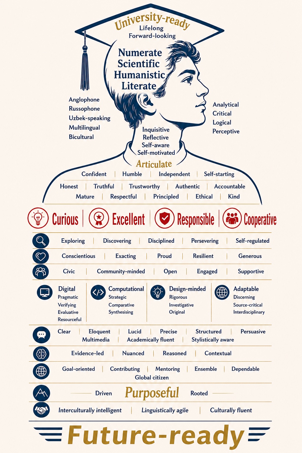The CST Graduate Profile: a visual map of the qualities, capabilities, and dispositions our graduates walk out of Grade 12 with — university-ready, future-ready, articulate, curious, excellent, responsible, cooperative, and purposeful.