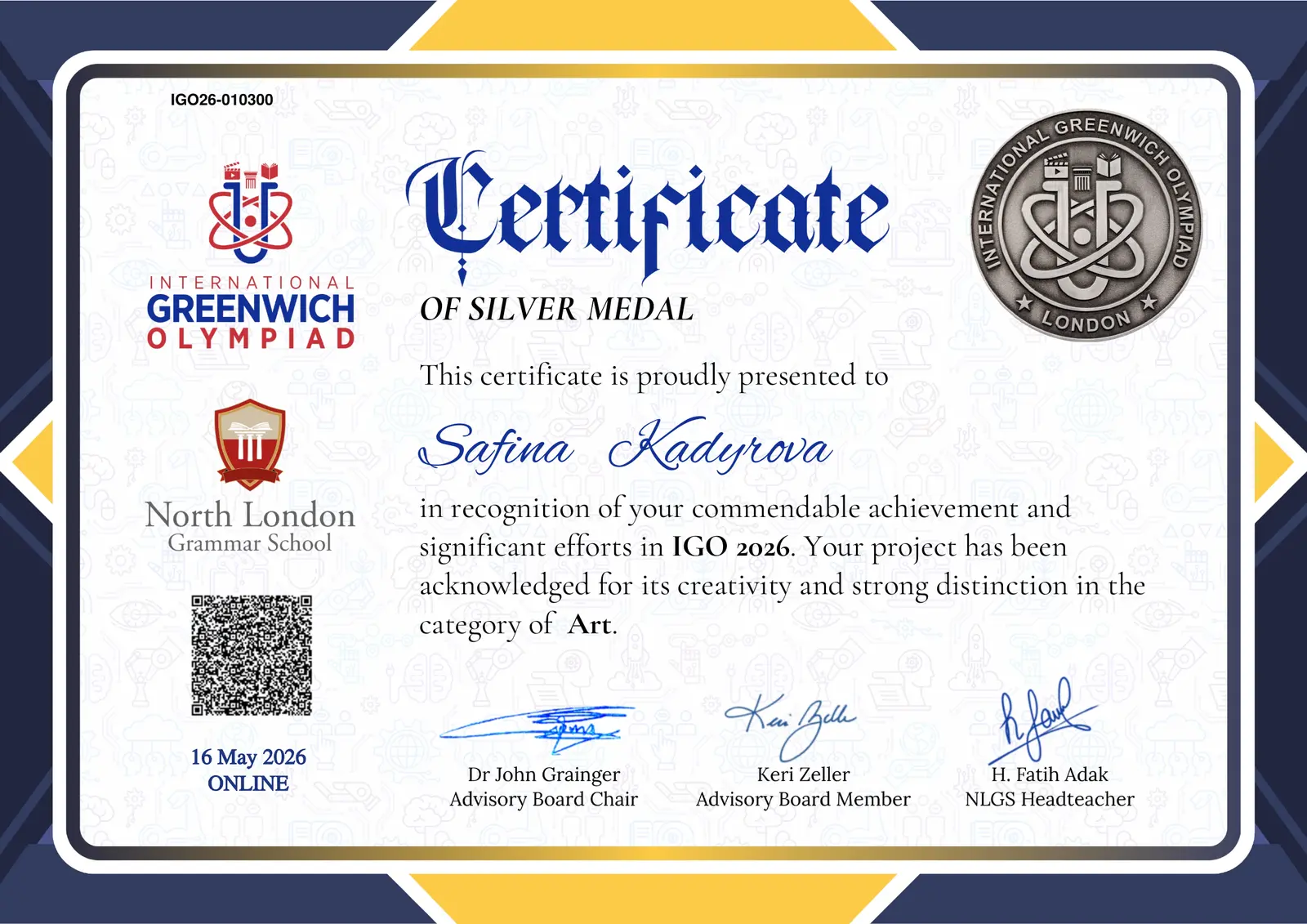 Silver Medal certificate awarded to Safina Kadyrova at IGO 2026