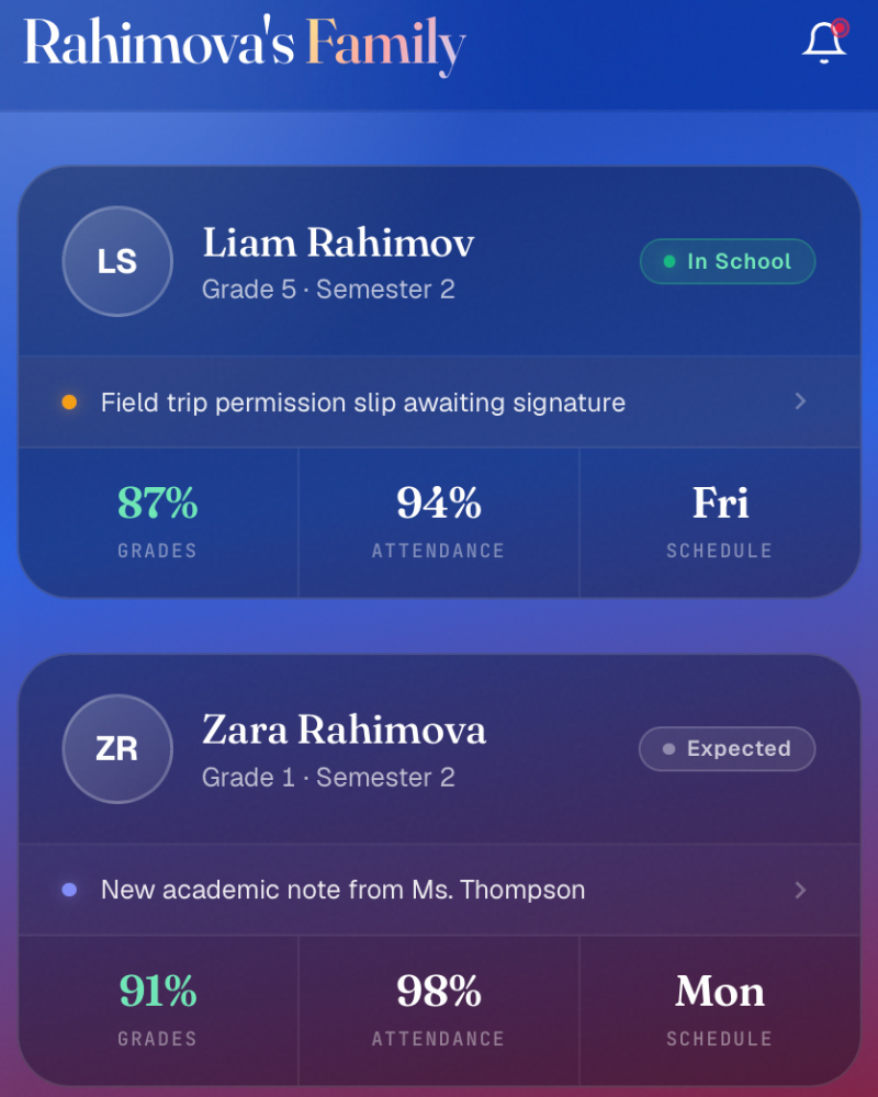 Portal Family tab — a card per child with class, attendance, and recent feedback